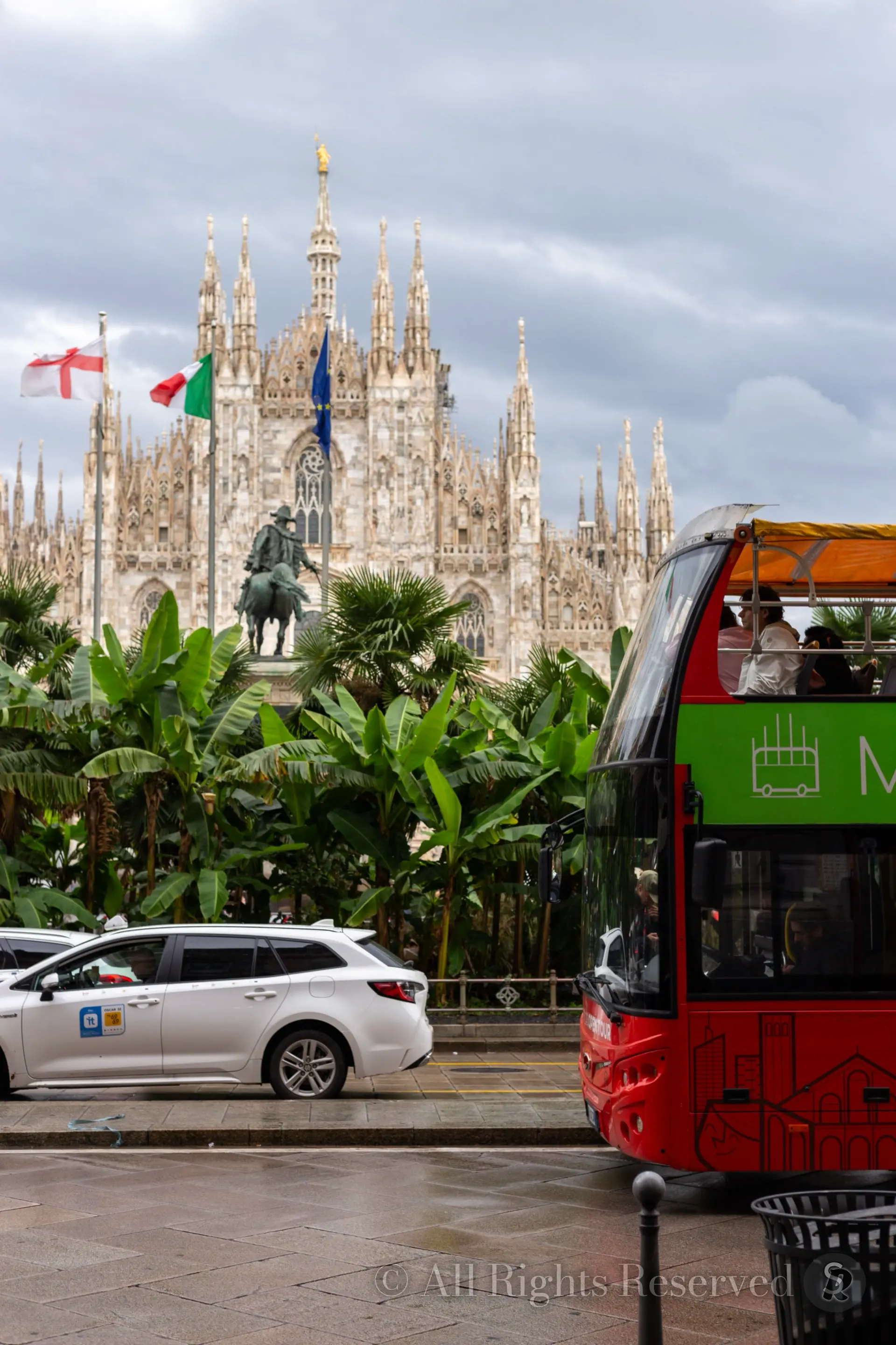 Milan, Italy. Tourist Bus in Piazza del Duomo